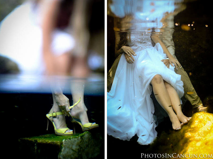https://www.photosincancun.com/ Photos In Cancun - Sunrise Bridal Session - Underwater Trash The Dress
