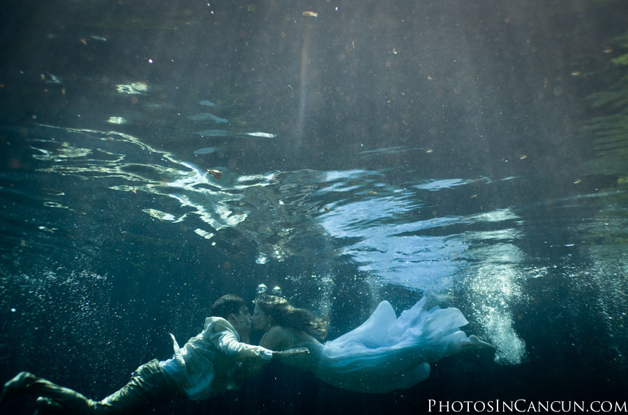 https://www.photosincancun.com/ Photos In Cancun - Sunrise Bridal Session - Underwater Trash The Dress